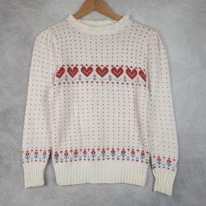 Vintage Heart Sweater Womens XS - S White Red Fair Isle Floral Ruffle Neck 90s - Picture 1 of 19