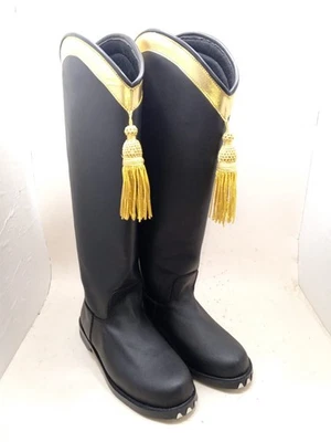 Мужские кастомные военные из натуральной черной кожи до колена с золотыми кисточками ботинки - Изображение 1 из 4