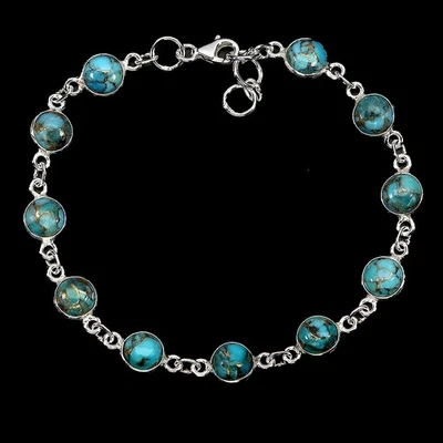 925 Sterling Silver Bracelet Round Turquoise 6mm Natural Gemstone Jewelry 7.5in - Image 1 of 4