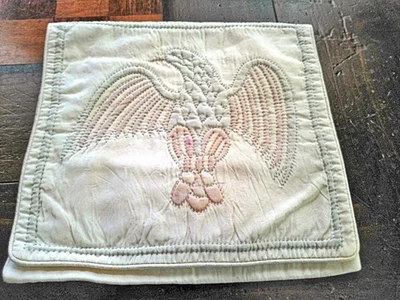 Vtg Handmade Hanky Trinket Bag Cream Satin Padded Quilted Peach Grey Eagle - Image 1 of 4