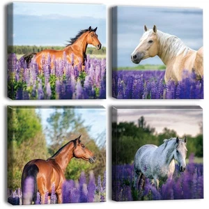 OTOSTAR 4 Pieces Wall Art Canvas Prints  Purple Lavender and Horse Picture Pain - Picture 1 of 9