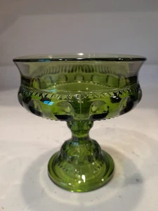 Vintage Indiana Glass Kings Crown Thumbprint Footed Avocado Green Candy Dish MCM - Picture 1 of 5