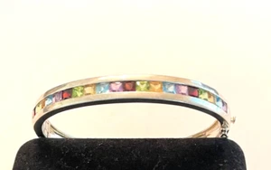 925 Sterling SilverMulti Color Gemstone Hinged Bangle Bracelet 7.25" 22.2 Grams - Picture 1 of 7
