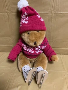 Bear with roller skates Vintage Brown Plush Bear w/ Red White Sweater & Hat - Picture 1 of 7