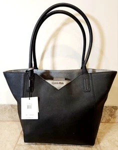 Calvin Klein | Black Taiga Leather Purse Double Top Handle Shoulder Tote Bag NEW - Picture 1 of 15