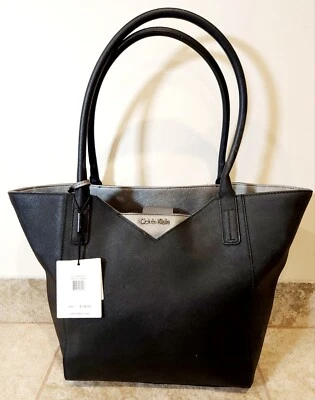 Calvin Klein | Black Taiga Leather Purse Double Top Handle Shoulder Tote Bag NEW - Image 1 of 4