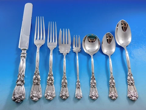 Iris by Durgin Sterling Silver Flatware Set Service Art Nouveau 98 Pieces Dinner Cover