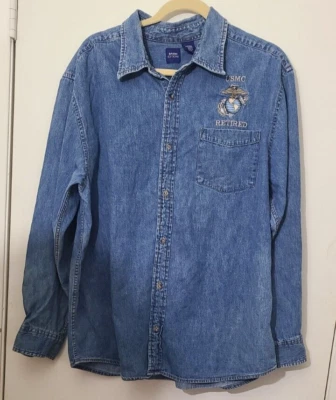 Vintage Basic Editions Men's Shirt Size Large Denim Jean Button USMC Retired - Image 1 of 4