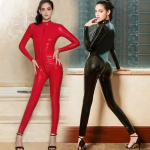 Damen Body Overall Glanz Satin Catsuit Zipper Wetlook Jumpsuit Langarm Bodysuit - Bild 1 von 13