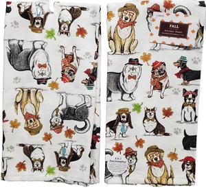 2er Set gleiche Baumwolle Küchentücher (16"x26") HERBST HUNDE & BUNTE BLÄTTER, HL - Bild 1 von 12