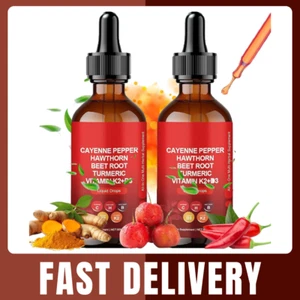 2 Pack Cayenne Pepper Hawthorn Beet Root Turmeric Vitamin K2+D3 Liquid Drops60ML - Picture 1 of 8