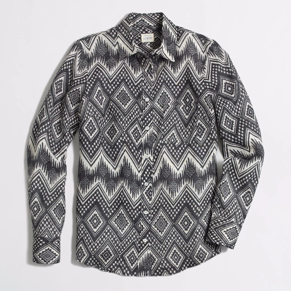 J. Camisa Crew preta branca estampada linho menino diamante asteca a camisa perfeita P - Imagem 1 de 1