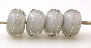 4 GREY WHITE HEART with Fine Silver Wire Wraps * Handmade Lampwork Glass Beads - Picture 1 of 5