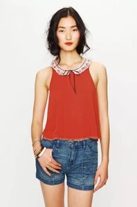 Free People Peter Pan Drapey Jersey Top Red Orange Tank Cottage Core Sz XS / TP - Picture 1 of 9