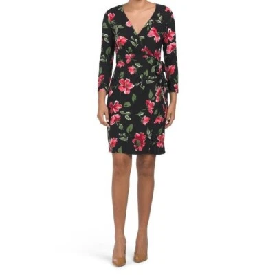 Anne Klein женщин черный красный цветочный розы V шеи длинным рукавом надежном платье Sz 10 новый - Изображение 1 из 4