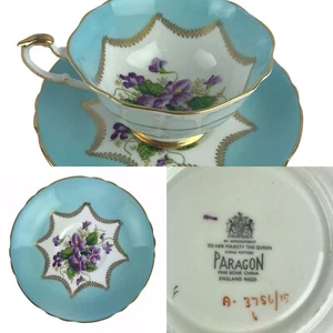 Vintage Paragon England Türkis Veilchen Blumen Tasse & Untertasse Bone China England - Bild 1 von 9