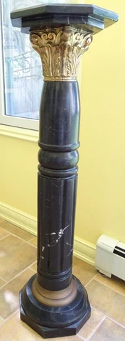 20th C Solid Black Marble & Gilt Brass Décor Stand Pillar Column Pedestal 45 ½” Cover
