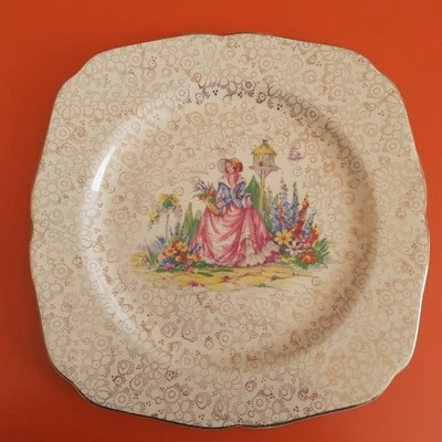 Vintage Retro 1930-40s H&K Tunstall Crinoline Lady Square Plate Gilt Print Rare - Image 1 of 4