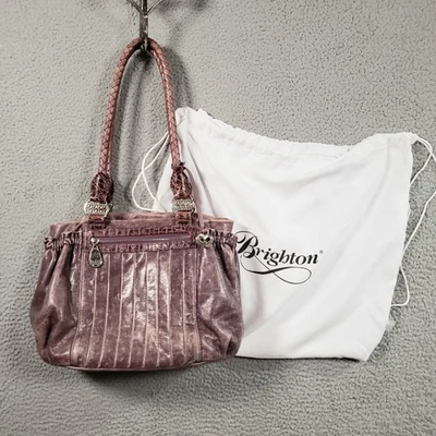 Bolso de Hombro Brighton Púrpura Cuero Envejecido Plisado Bolsillos Elásticos Corazón Raro Foto 1 de 4