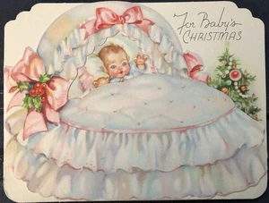 Vtg Christmas Greeting Card Baby’s First Christmas Adorable Baby Little Tree Bow - Picture 1 of 5