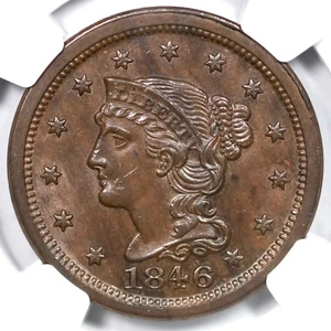 1846 N-15 R4 NGC MS 63 BN Small Date Braided Hair Large Cent Coin 1c - Picture 1 of 4