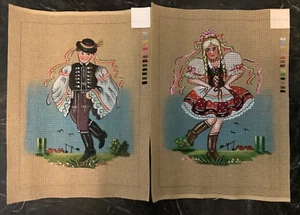 Vintage Painted Needlepoint Canvas Pair Of European Dancing Boy & Girl Folk art - Picture 1 of 4