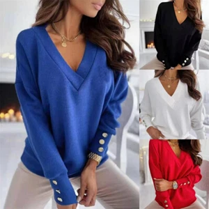 Women Autumn V  Neck Long Sleeve Warm Pullover Sweater Loose Winter Top - Picture 1 of 11