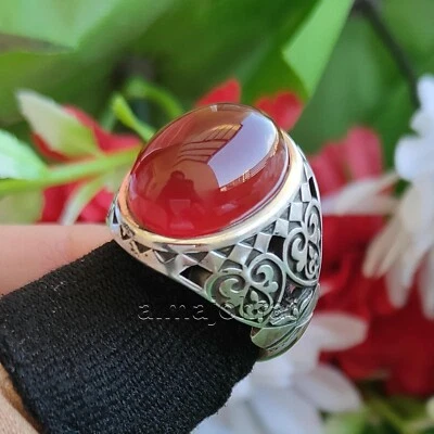 Natural Red Agate Stone Ring 925 Silver - Brown Yemeni Aqeeq - Image 1 of 4
