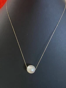 14mm white South Sea Floating Pearl Necklace High Luster 18k Yellow Gold Chain - Picture 1 of 5