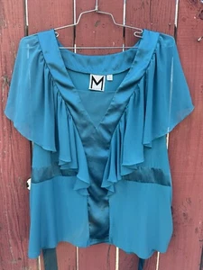 Marc Bouwer Semi Sheer Ruffle Flowing Turquoise Blue Blouse Top QVC Plus Size 2X - Picture 1 of 16
