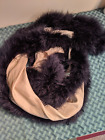 Vintage Lucie Ann scarf shawl shrug Cream fabric black faux feather 15&quot; x 74&quot;