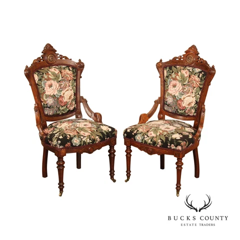 Antique Renaissance Revival Pair of Carved Walnut Armchairs Cover
