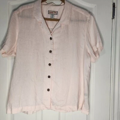 Jamaica Bay Discover Paradise 100% Linen Pale Pink Faux Shell Button Down Shirt  - Image 1 of 4