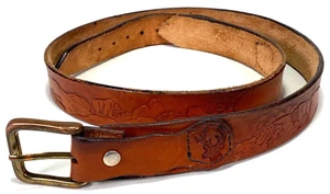 Vtg Hand Tooled Leather Belt-Bear Elk Wolf Bison-Brown-Brass Buckle-Western-40 - Picture 1 of 4
