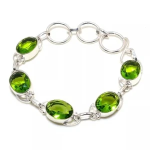 925 Sterling Silver Green Peridot Gemstone Handmade Jewelry Chain Bracelet - Picture 1 of 1