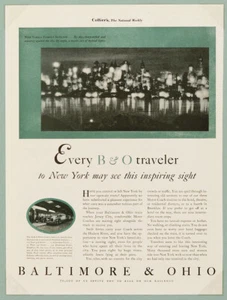 Collar impreso anuncio de viaje ferroviario/ferrocarril vintage 1930 B&O Travel NYC SKYLINE - Imagen 1 de 1