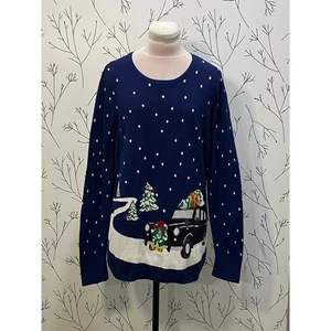 LANDS END Holiday Christmas Snow Car Lightweight Sweater LARGE TALL Novelty Fun - Picture 1 of 7