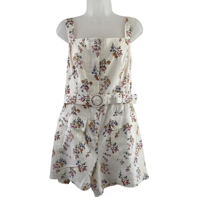 House Of Harlow 1960 Romper Womens 12 White Floral Belted Pearl Buckle Linen - Image 1 of 4