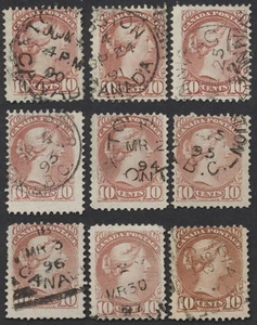 Canada #45 10c Small Queen Lot Of 9 Shades Dated '90-'98 - Bild 1 von 7