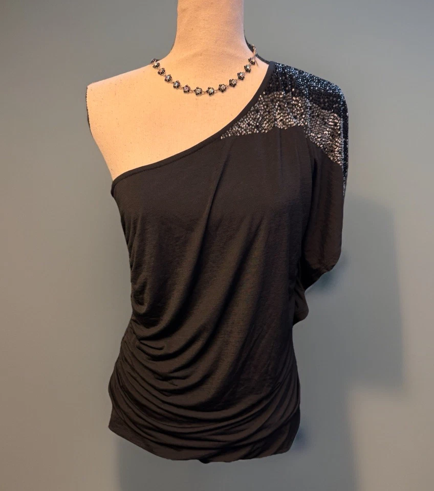 Studio Y черный одно плечо блестки верхний M Y2K Clubwear гламурный собранными в Рюш вечеринки - Изображение 1 из 4