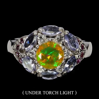 Anillo de plata de ley 925 redondo ópalo de fuego 6 mm piedras preciosas de tanzanita joyería tamaño 6,5 Foto 1 de 4