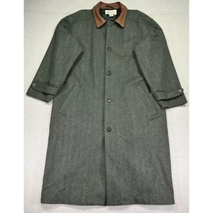 Vintage Eddie Bauer Men's Large WOOL Twill OverCoat Trench Coat MADE USA Leather - Picture 1 of 10