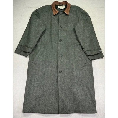 Vintage Eddie Bauer Men's Large WOOL Twill OverCoat Trench Coat MADE USA Leather - Image 1 of 4