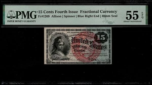 US 15c Fractional Currency 4th Issue Fr. 1269 Blue Right End 40mm Seal PMG 55EPQ - Picture 1 of 3