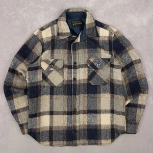 Jc Penney Vintage 70s Checked Wool Style Cpo Shirt Jacket M Men's Navy Blue  - Picture 1 of 7