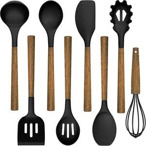 Silicone Cooking Utensil Set, 8-Piece Kitchen Utensils Set with Natural Acacia - Picture 1 of 12