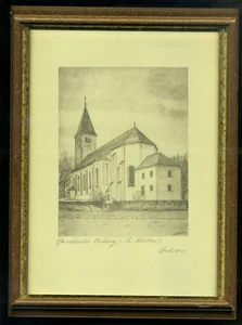 Peiting -- Iglesia parroquial de Peiting St. Michael - Con marco y firma-- Dibujo - Imagen 1 de 1