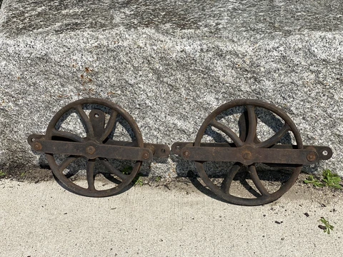 2 C.1900 Barn Door Floor Rollers, Rides on Half Pipe Track Prevents Swinging Cover