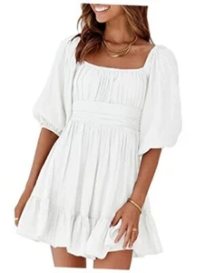 Womens Summer Dresses Square Neck Tie Back Lantern Sleeve Small 11 White - Picture 1 of 7