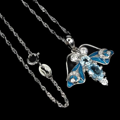 925 Sterling Silver Oval Blue Topaz 7x5mm Simulated Cz Bee Necklace - Image 1 of 4